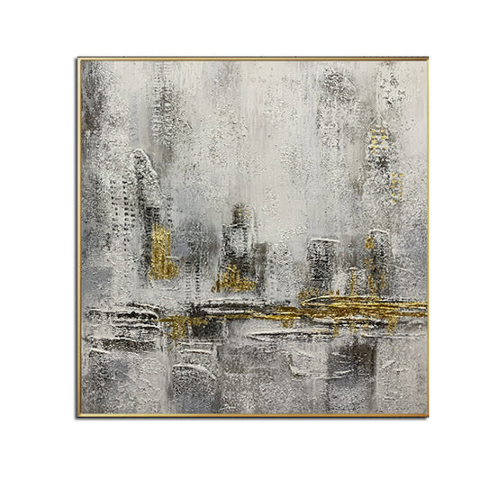 100% Handmade Gold Foil Abstract Oil Painting  Wall Art Modern Minimalist City Building Canvas Home Decor For Living Room No Frame